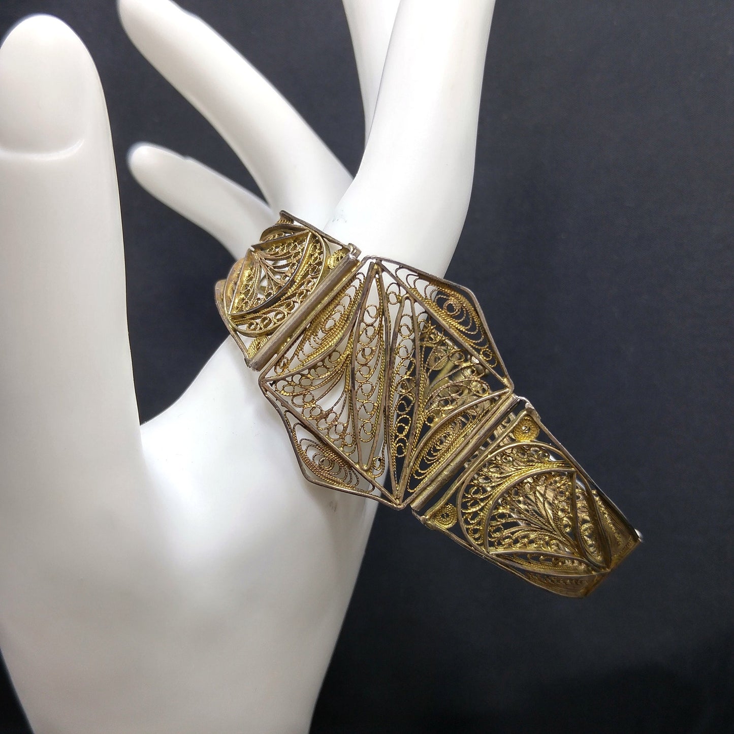 1920s Art Deco Cannetille Filigree Bracelet Gold Vermeil Silver 7 Inch