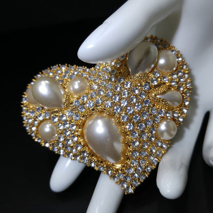 Scaasi Heart Faux Pearl Brooch Pendant, Designer Runway Jewelry, 1980s Vintage Jewelry