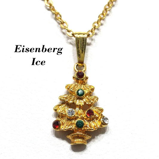 Eisenberg Ice Christmas Tree Necklace, Gold Plated, Multicolor Rhinestones, 1970s Vintage