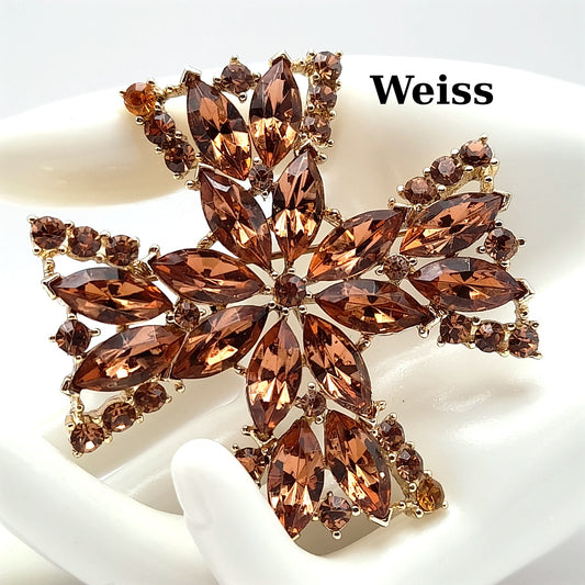 Vintage WEISS Maltese Cross Topaz Rhinestone Brooch