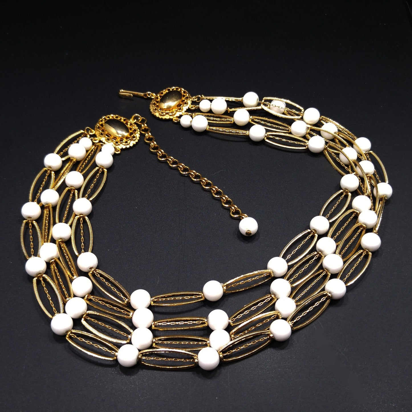 Kramer White Lucite 4 Strand Necklace, Gold tone, 1950s Vintage Jewelry