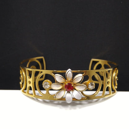 Bugbee & Niles Floral Cuff Bracelet Screw-back Earrings Set, Red Rhinestones, 1940s