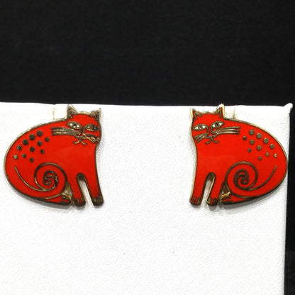 Vintage Laurel Burch "Keshire Cat" Red Post Earrings, Gold Plated