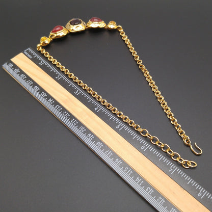 Monet Gold Plated Choker Necklace, Red Purple Glass Cabochons, 1980s Vintage Jewelry