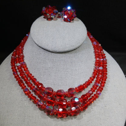 Czech Red Glass Beaded Necklace & Earrings, Fire Polished Red Beads, 1950s Vintage Jewelry