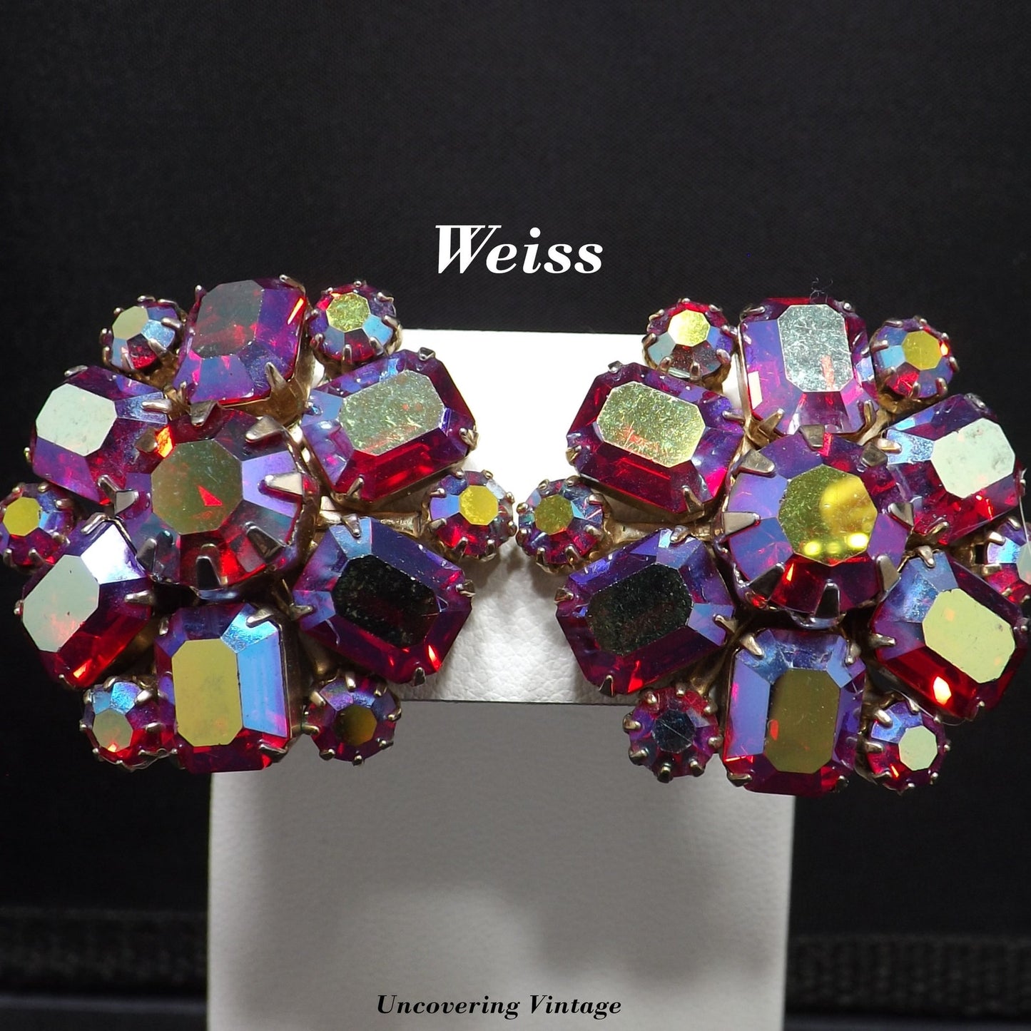 Weiss Red Aurora Borealis Floral Earrings, Gold Plated, 1950s Vintage Jewelry