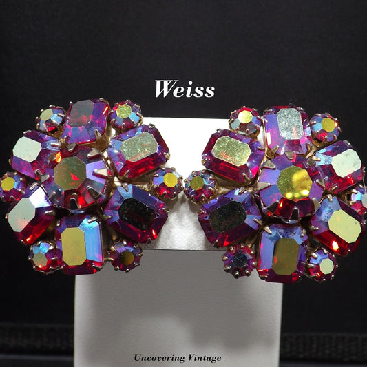 Weiss Red Aurora Borealis Floral Earrings, Gold Plated, 1950s Vintage Jewelry