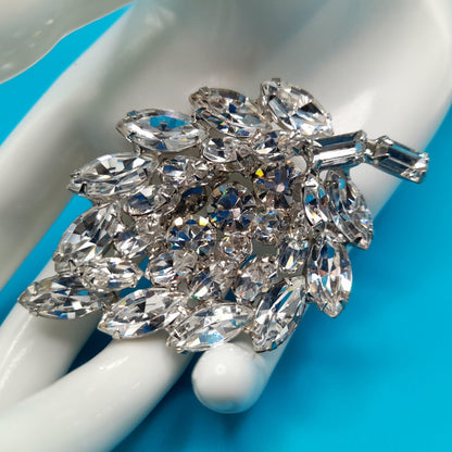 Vintage Weiss Floral Brooch, Rhodium Plated, Clear Rhinestones, 1960s Jewelry