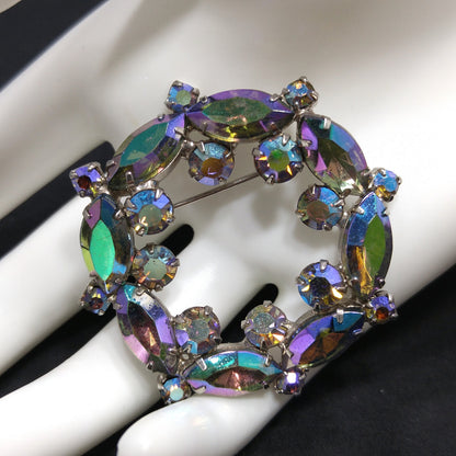 Blue Vitrail Rhinestone Wreath Brooch, 1960s Vintage Jewelry, Rhodium Plated