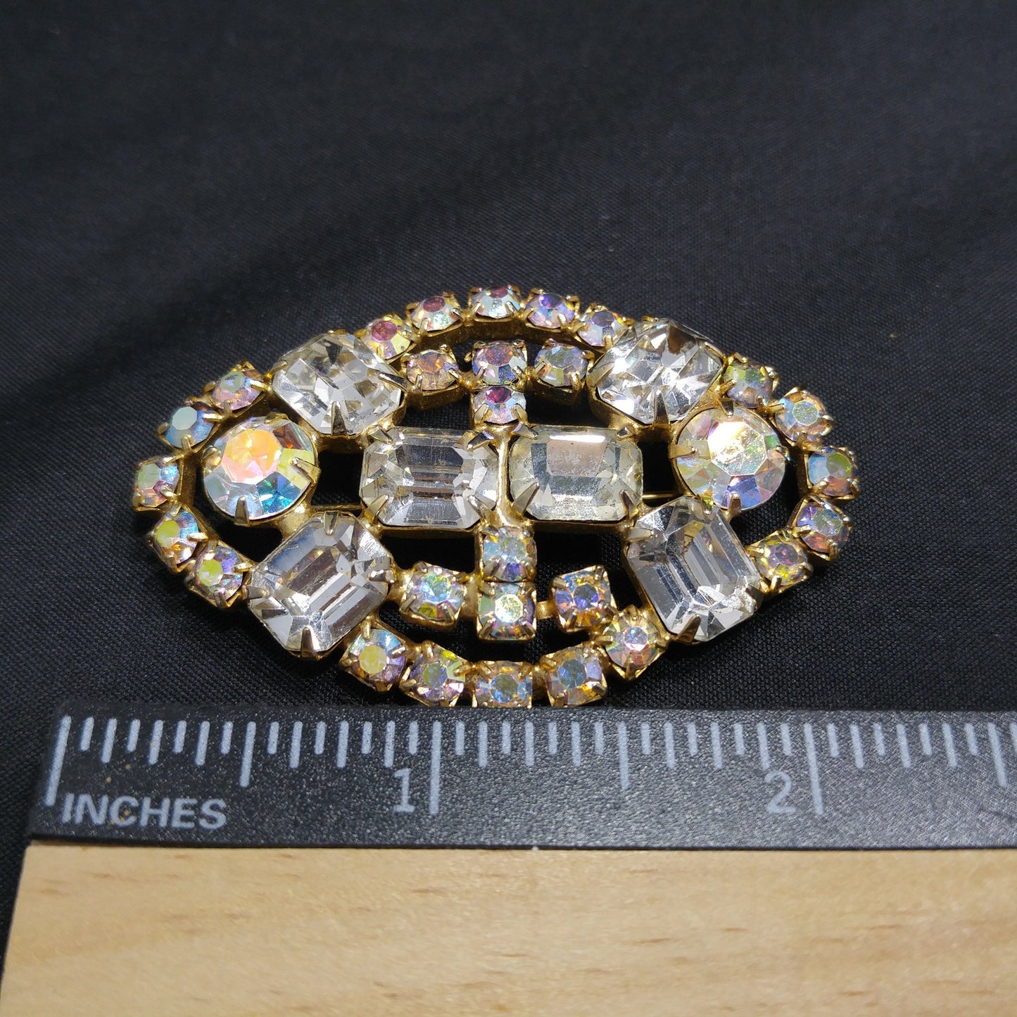 Clear Aurora Borealis Brooch, Gold Plated, 1960s Vintage Jewelry