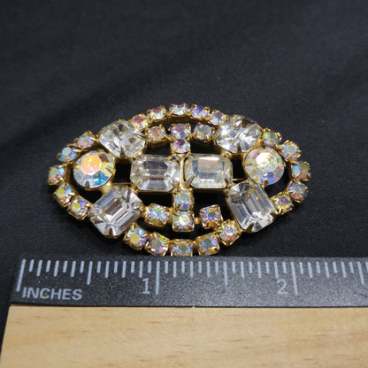 Clear Aurora Borealis Brooch, Gold Plated, 1960s Vintage Jewelry