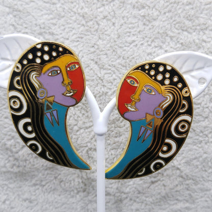 Vintage Laurel Burch "Gypsy Soul 1993" Post Earrings, Gold Plated, Enamel, 1990s