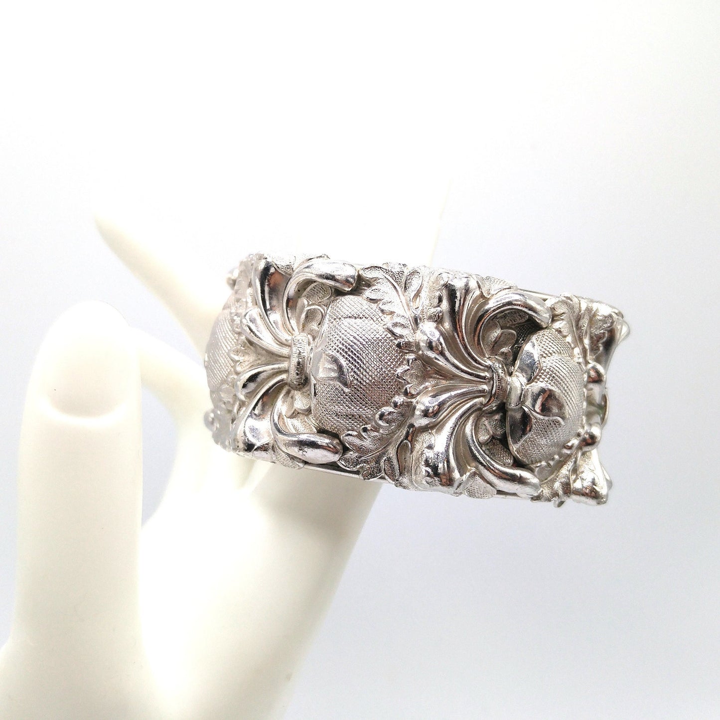 Whiting & Davis Floral Wide Hinged Bracelet, Rhodium Plated, Book Piece, 1970s Vintage Jewelry