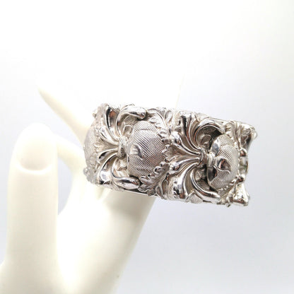 Whiting & Davis Floral Wide Hinged Bracelet, Rhodium Plated, Book Piece, 1970s Vintage Jewelry