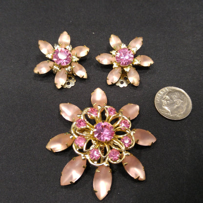 Mid-Century Pink Flower Brooch & Earrings, Frosty Light Pink Cabs, Hot Pink Rhinestones, 1950s Vintage Jewelry