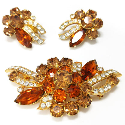 Eisenberg Ice Topaz Orange Brooch & Earrings, Gold Plated, 1960s Vintage Jewelry