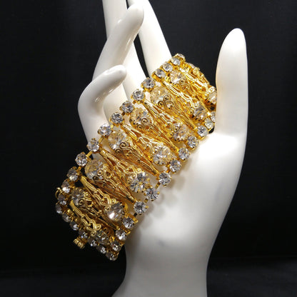 Vintage Filigree Cone Wide Bracelet, Clear Crystal Rhinestones, 1960s Vintage Jewelry