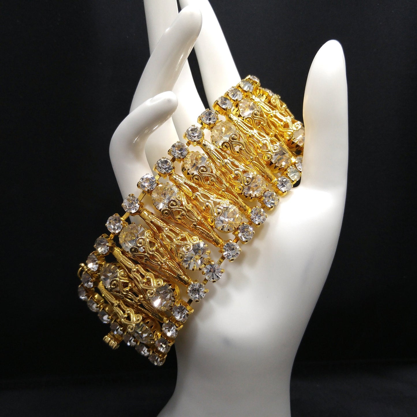Vintage Clear Rhinestone Wide Filigree Bracelet Gold Tone Safety Chain 1950s