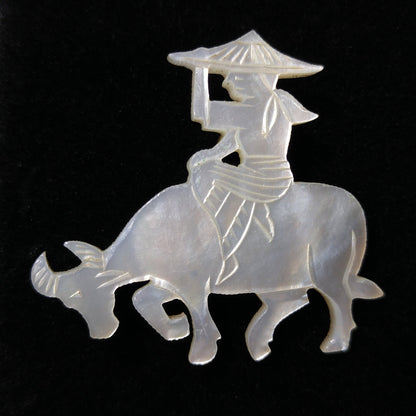 Vintage Carved Mother of Pearl Brooch & Earrings, Asian Design, 1940s