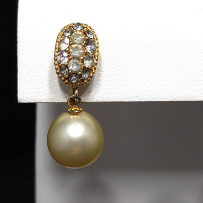 Ciner Faux Pearl Dangle Clip Earrings, Clear Rhinestones, Gold Plated, 1970s Vintage