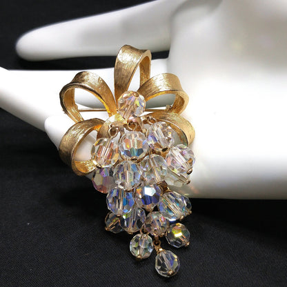 Crystal Beaded Grape Cluster Brooch, Gold Plated Bow, 1960s Vintage Jewelry