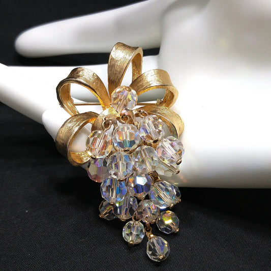 Crystal Beaded Grape Cluster Brooch, Gold Plated Bow, 1960s Vintage Jewelry
