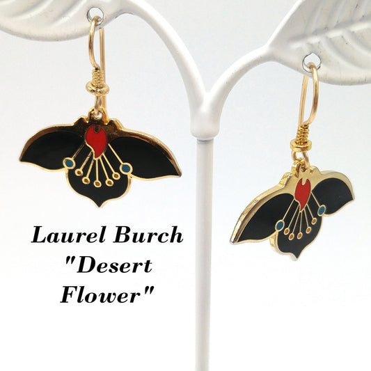 Vintage Laurel Burch "Desert Flower" Earrings, Black Red Enamel, Gold Plated, 1980s