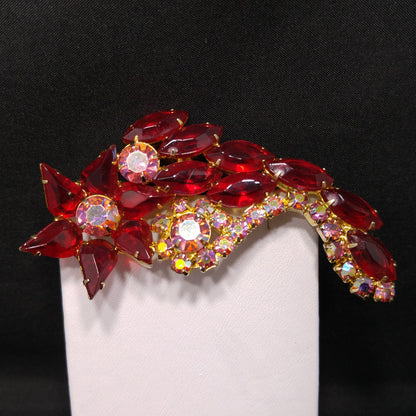 Red Rhinestone Floral Brooch, Juliana Style, 1960s Vintage Jewelry