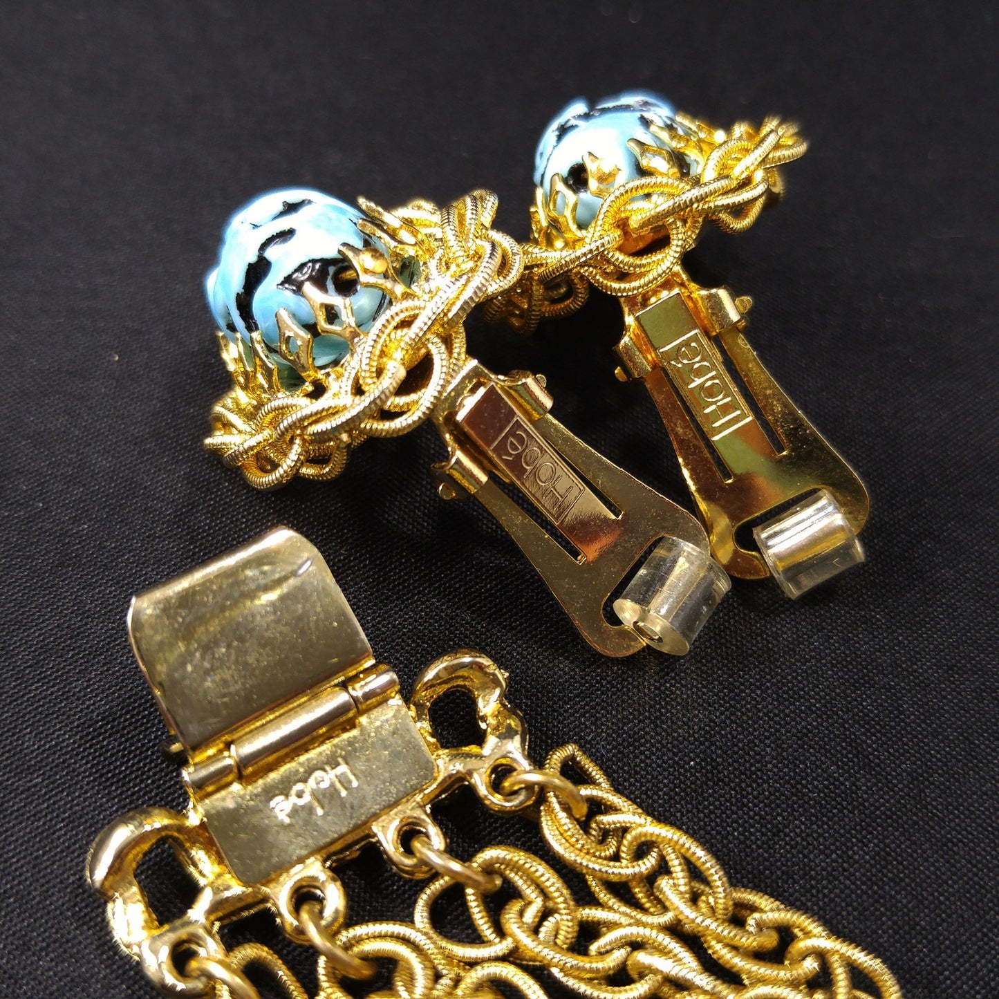 Vintage Hobe Art Beads & Chain Bracelet Earrings Set, 1950s Vintage Jewelry