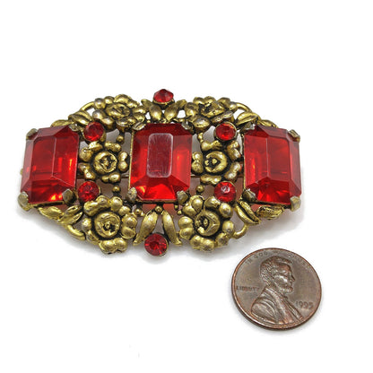 Art Nouveau Red Glass Floral Brooch, Three Red Emerald Cut Stones, 1930s Vintage Jewelry