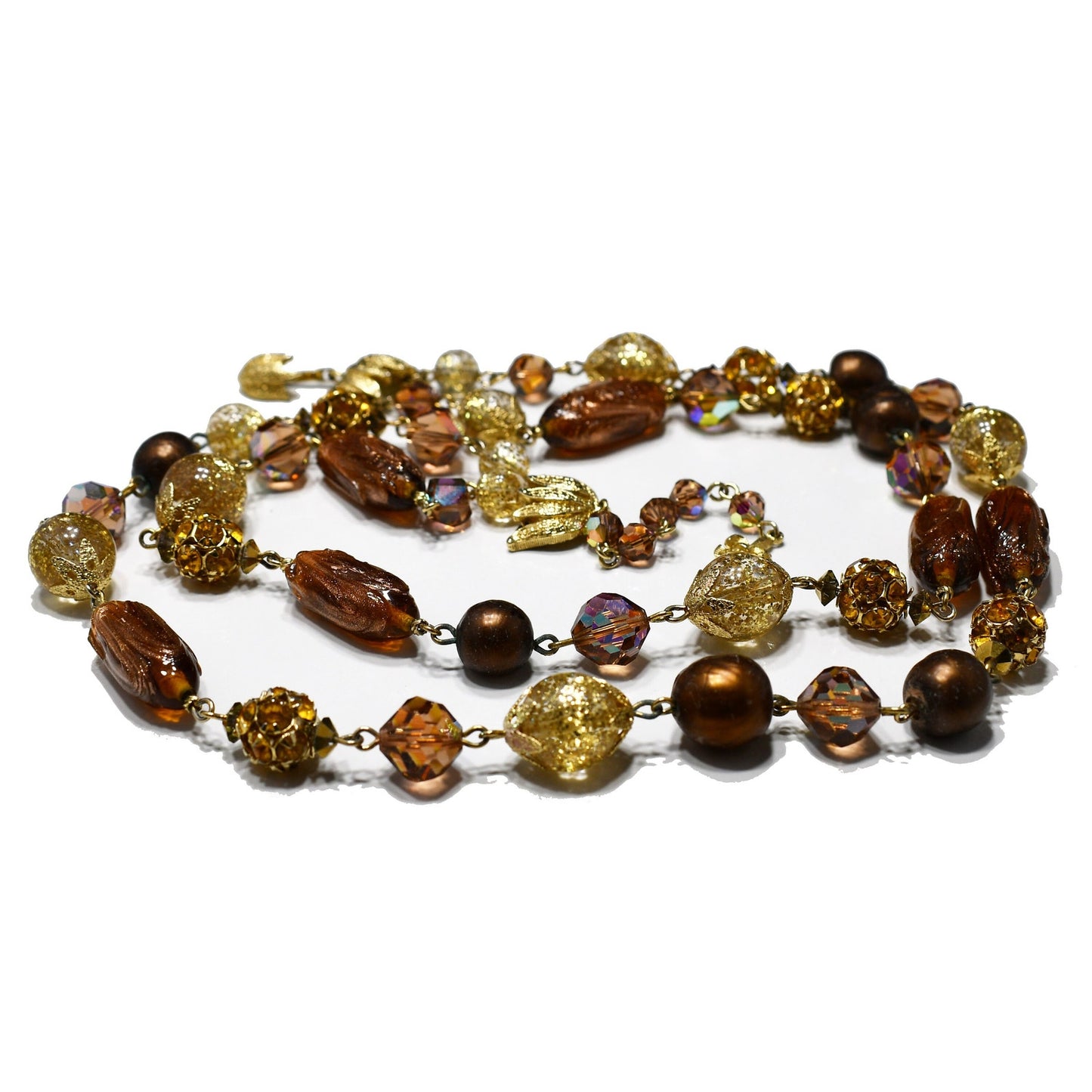 Vendome 1950s Two-Strand Topaz & Bronze Art Glass Necklace | AB Swarovski Crystals, Gold Filigree Beads, Signed Hook Clasp