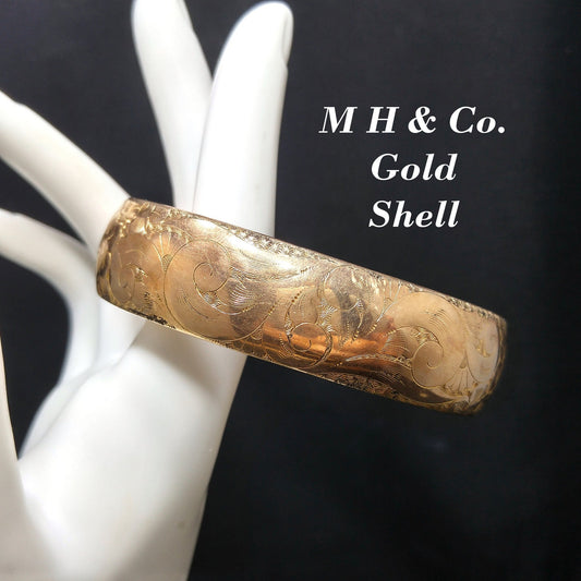 MH & Co. Gold Shell Victorian Hinged Bracelet, Early 1900s Antique Jewelry