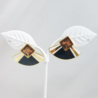 Vintage Laurel Burch WATER LILY Fan Gold Cloisonne Earrings, Gold Filled Posts