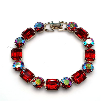 Weiss Red and Aurora Borealis Rhinestone Bracelet – 1960s Gold Tone Vintage Jewelry