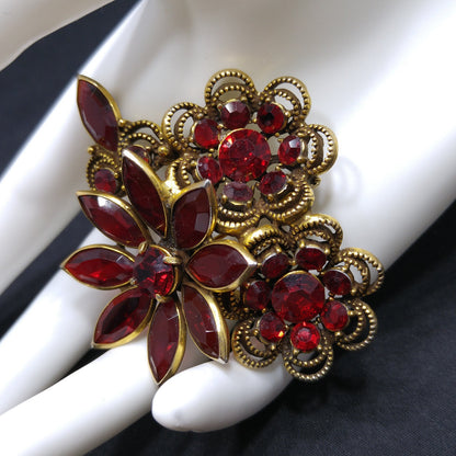 Vintage Red Crystal Rhinestone Floral Brooch, Antique Gold Plated, 1980s Vintage Jewelry