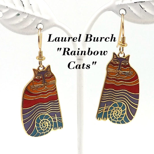 Laurel Burch "Rainbow Cats" Earrings, Multicolored Cloisonne Gold Plated & Enamel, 1980s Vintage Jewelry