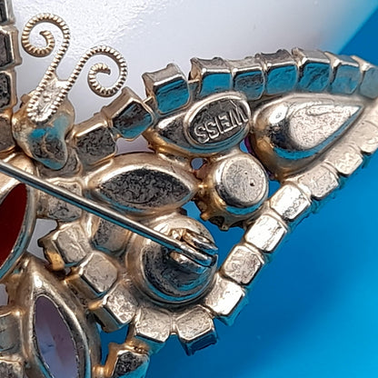 Vintage Weiss Butterfly Brooch, Pink Red Rhinestones, 1950s Jewelry
