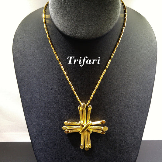 Crown Trifari Cross Pendant Necklace, Gold Plated, 1970s Vintage Jewelry