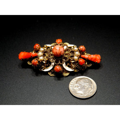 Germany Orange Art Glass Filigree Brooch, Faux Pearls, White Enamel, 1940s Vintage Jewelry
