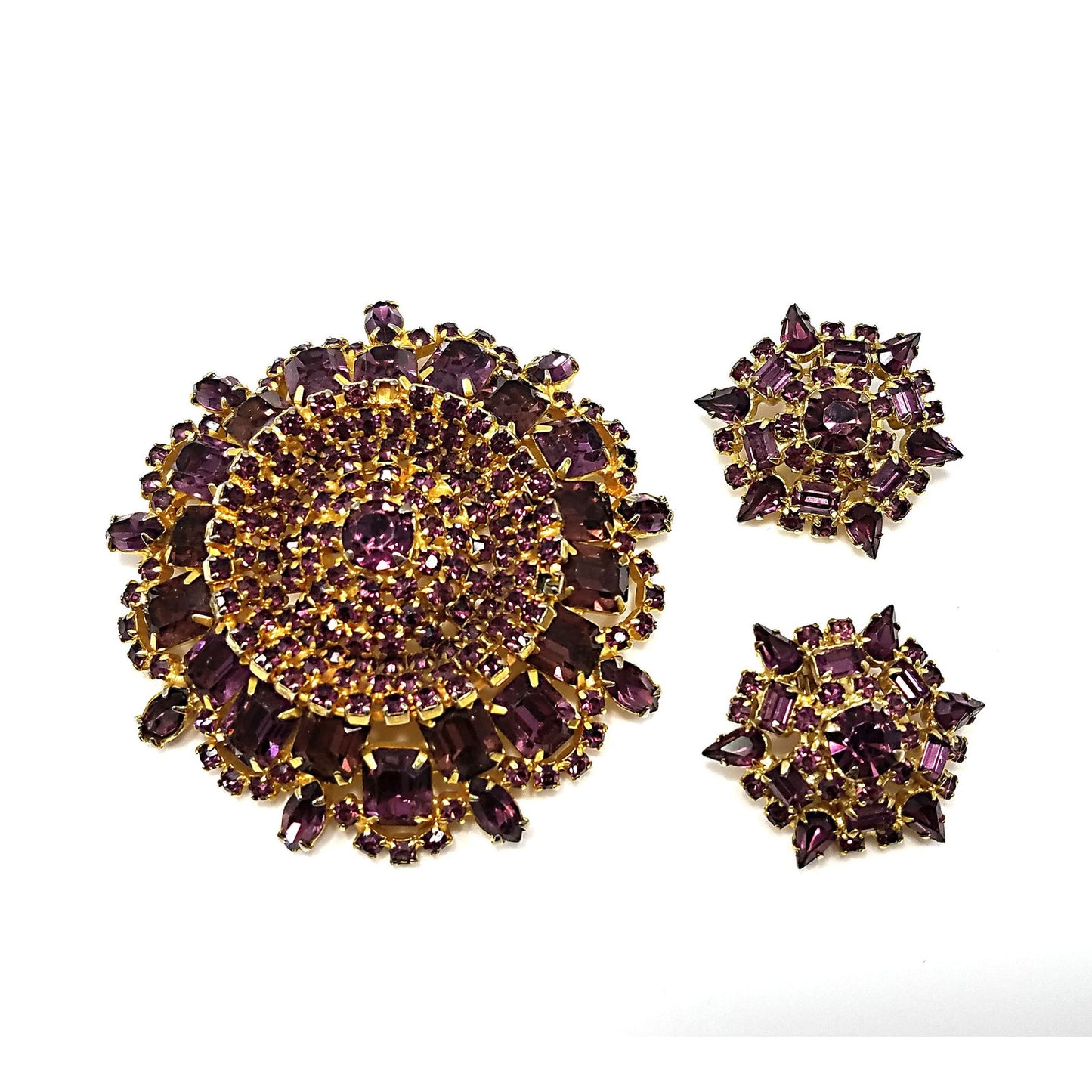 Large Purple Rhinestone Brooch & Clip Earrings, Gold Plated, 1960s Vintage