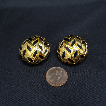 Ciner Gold & Black Clip Earrings, Gold Plated, Black Enamel, 1980s Vintage Jewelry