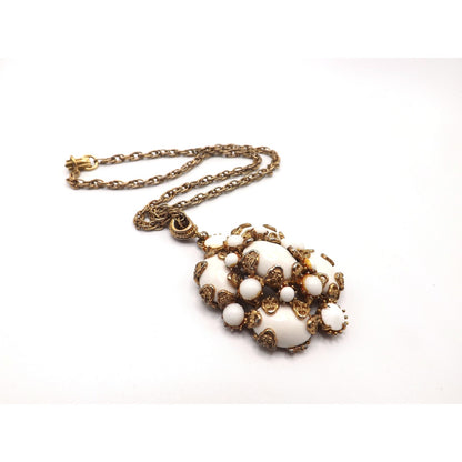 Hollycraft White Cabochons Rhinestones Pendant Necklace, Filigree Prongs, 1960s Vintage Jewelry