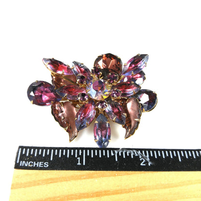 Judy Lee Purple Molded Leaves Brooch, Aurora Borealis Rhinestones, 1950s Vintage Jewelry