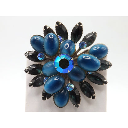 Blue Floral Mid-Century Brooch, Riveted Construction, 1950s Vintage Jewelry