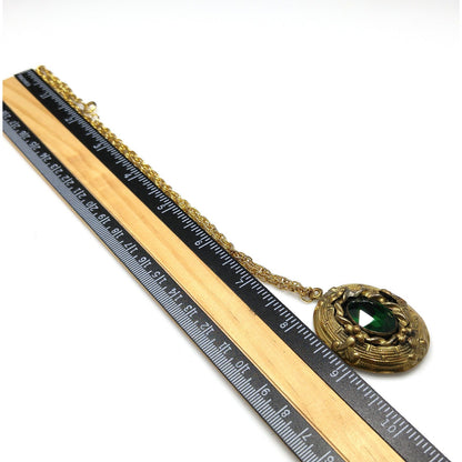 Antique 1920s Czech Emerald Green Glass Pendant Gold Filigree Necklace
