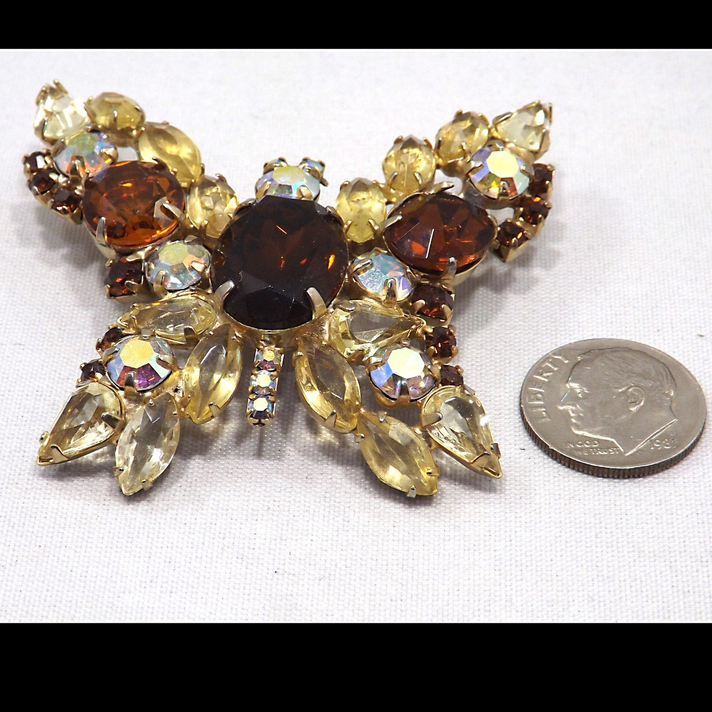 Vintage Butterfly Brooch D & E Juliana Style Rootbeer Rhinestones Yellow Open Back Aurora Borealis Rhinestones Gold Tone Vintage Jewelry