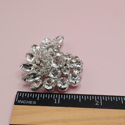 Vintage Clear Rhinestone Brooch, Rhodium Plated, 1960s, 2 1/4 Inches