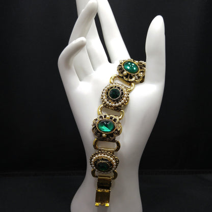 Emerald Green Rhinestones Book Chain Bracelet, Faux Pearls, 1940s 1950s Vintage Jewelry