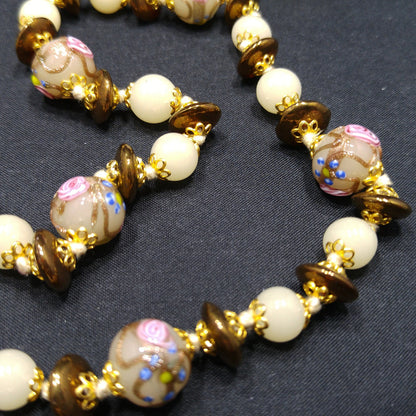 Wedding Cake Venetian Glass Beaded Necklace & Bracelet, Hand Knotted, Murano Lampwork, 1980s Vintage Jewelry