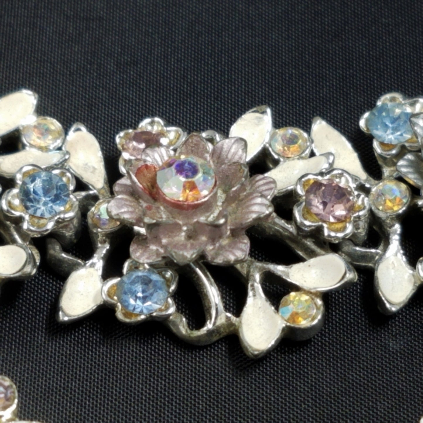 Vintage BSK White Enamel Floral Bracelet Earrings Set Pink Blue AB Rhinestones